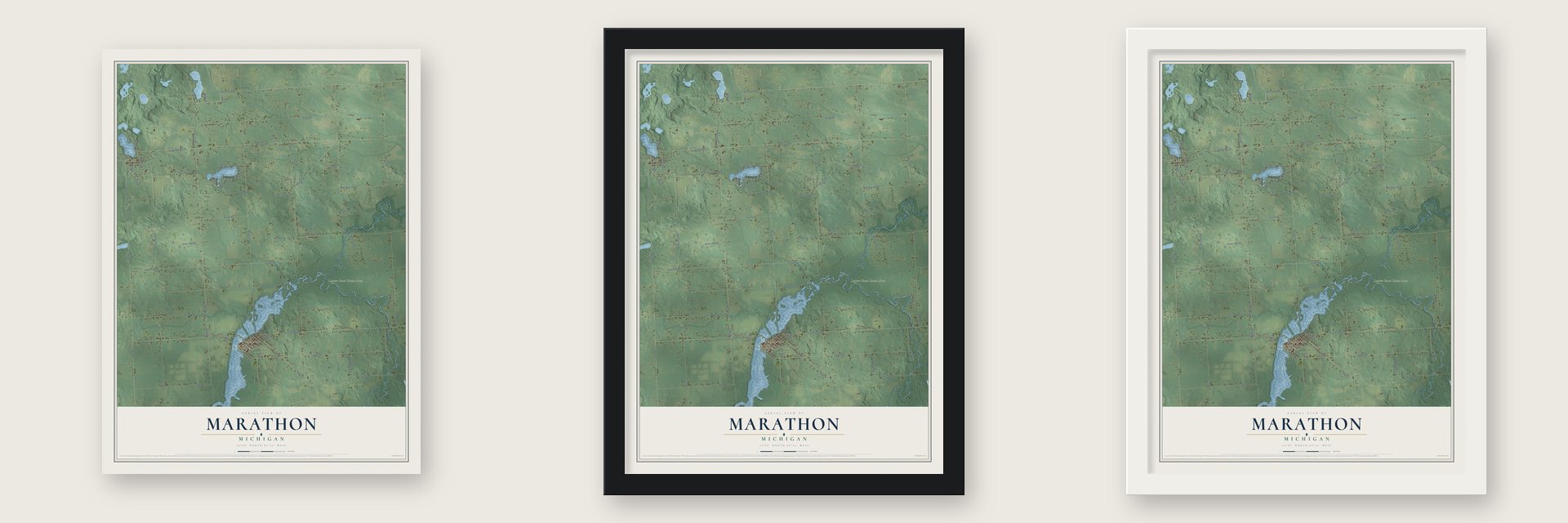 Marathon, Michigan map unframed, in a black wood frame and in a white wood frame