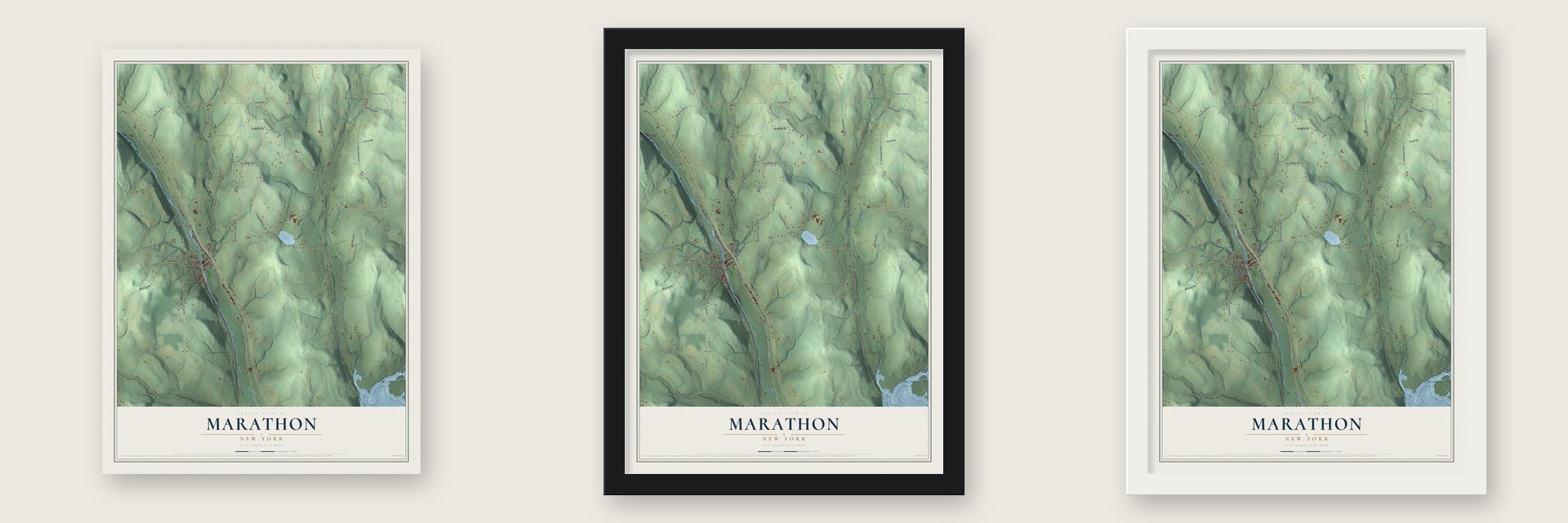 Marathon, New York map unframed, in a black wood frame and in a white wood frame