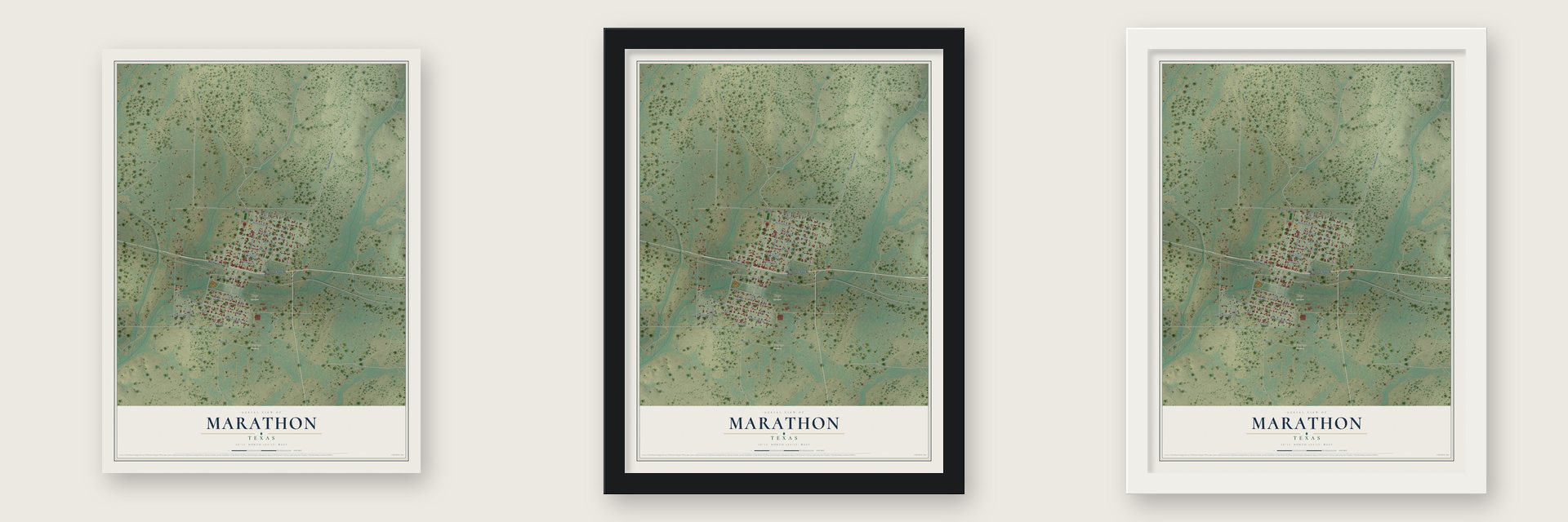 Marathon, Texas map unframed, in a black wood frame and in a white wood frame
