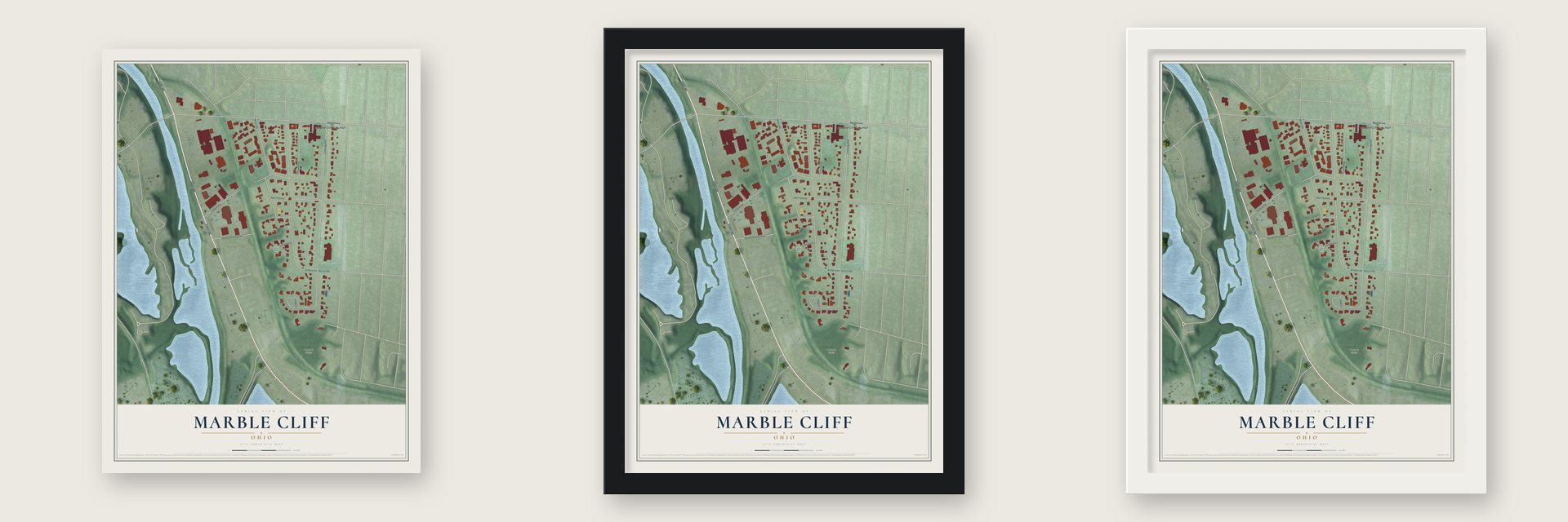 Marble Cliff, Ohio map unframed, in a black wood frame and in a white wood frame