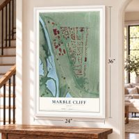 Marble Cliff, Ohio map, 24 x 36 inch print in a white frame by a staircase