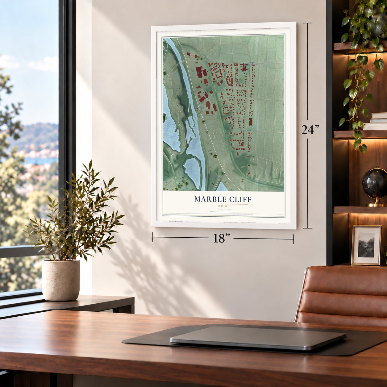 Marble Cliff, Ohio map, 18 x 24 inch print in a white frame in a home office
