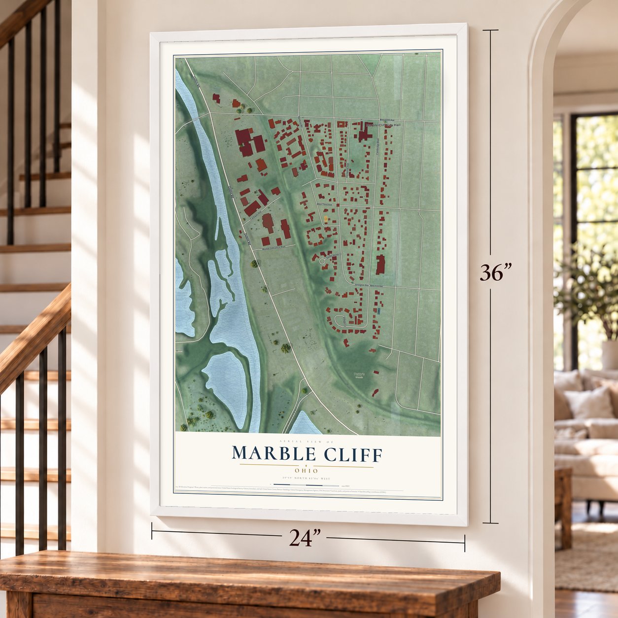 Marble Cliff, Ohio map, 24 x 36 inch print in a white frame by a staircase