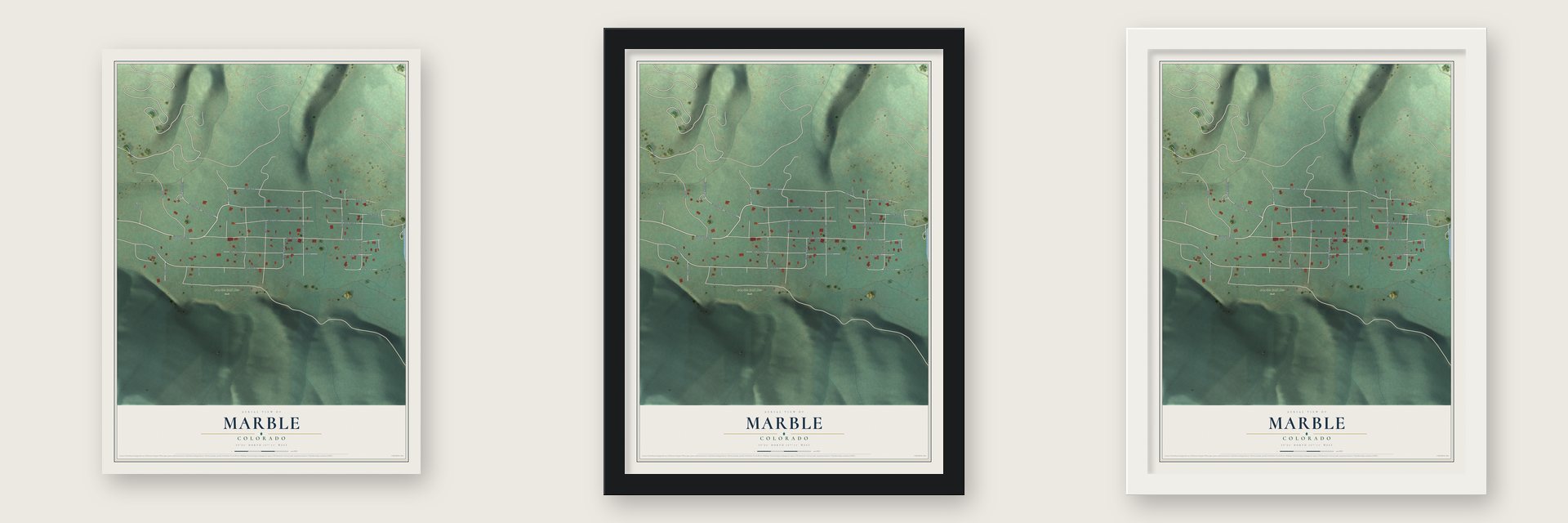 Marble, Colorado map unframed, in a black wood frame and in a white wood frame