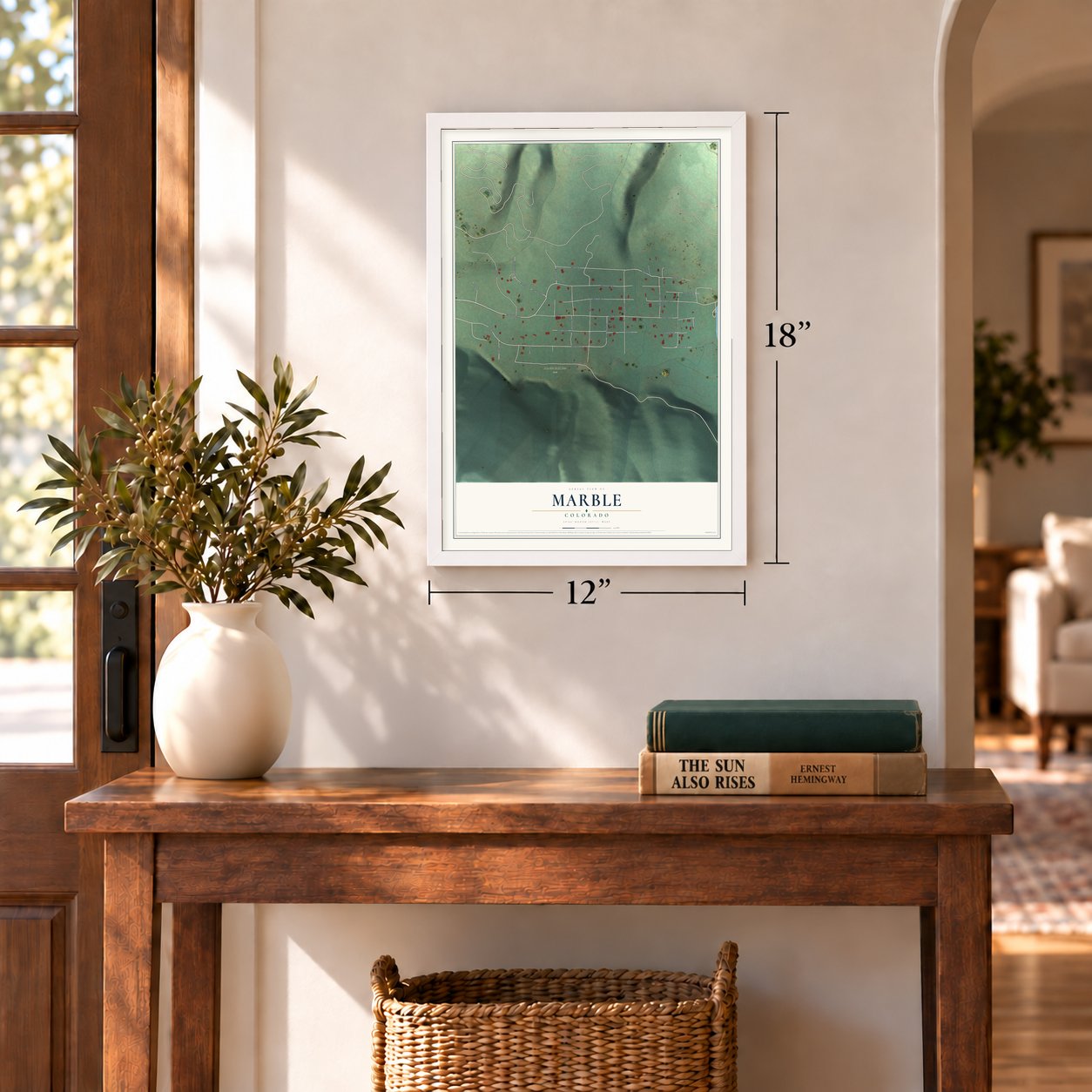 Marble, Colorado map, 12 x 18 inch print in a white frame in an entryway
