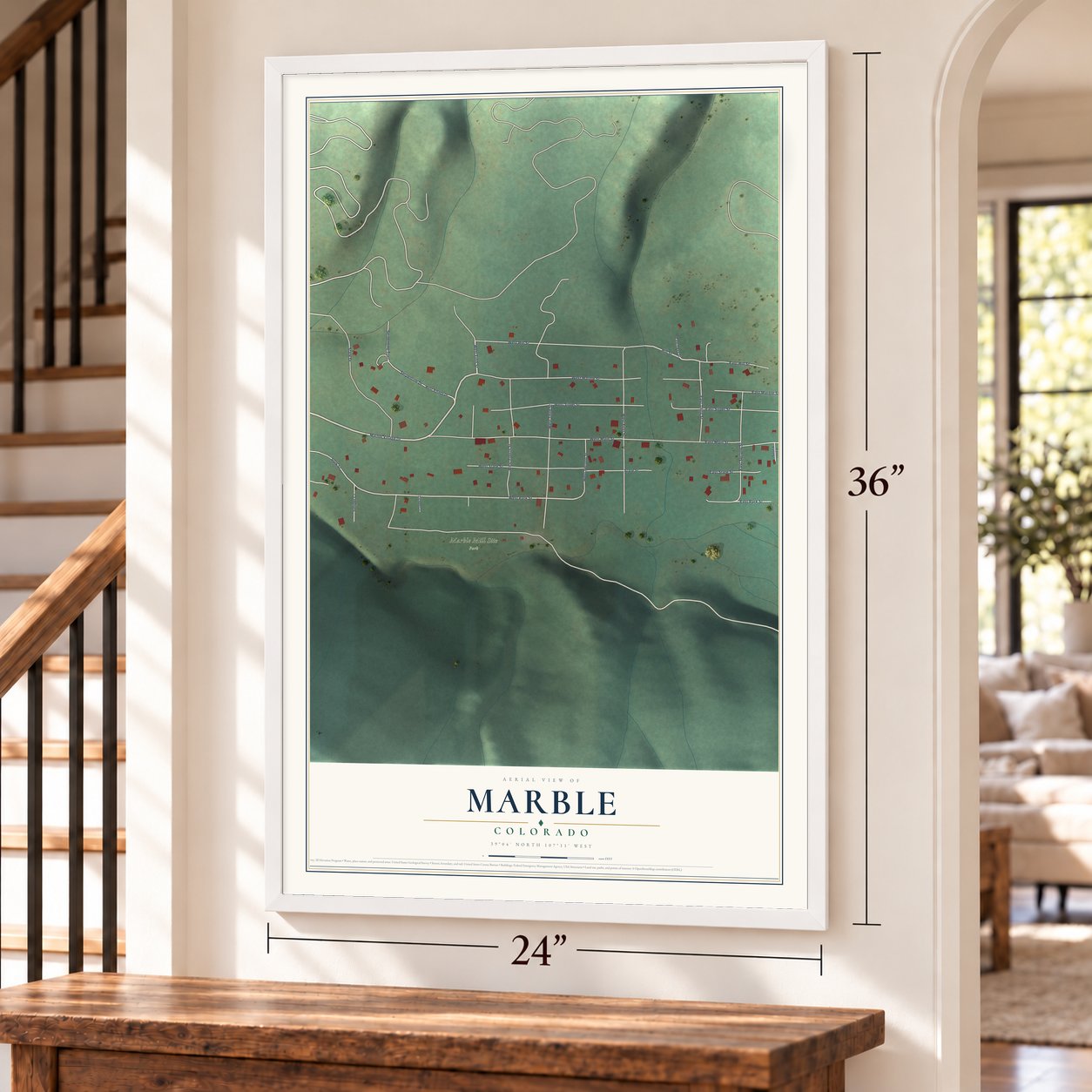 Marble, Colorado map, 24 x 36 inch print in a white frame by a staircase