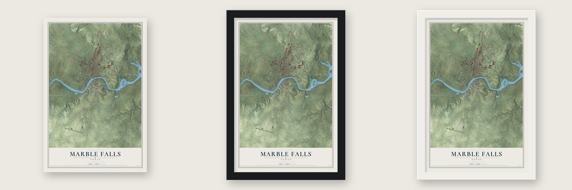 Marble Falls, Texas map unframed, in a black wood frame and in a white wood frame