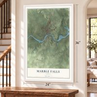 Marble Falls, Texas map, 24 x 36 inch print in a white frame by a staircase