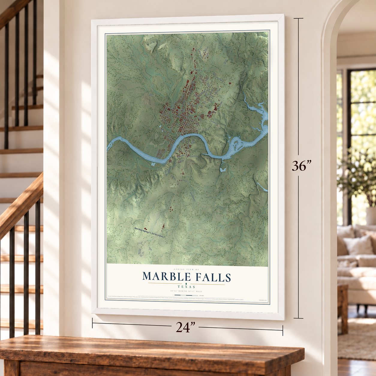 Marble Falls, Texas map, 24 x 36 inch print in a white frame by a staircase