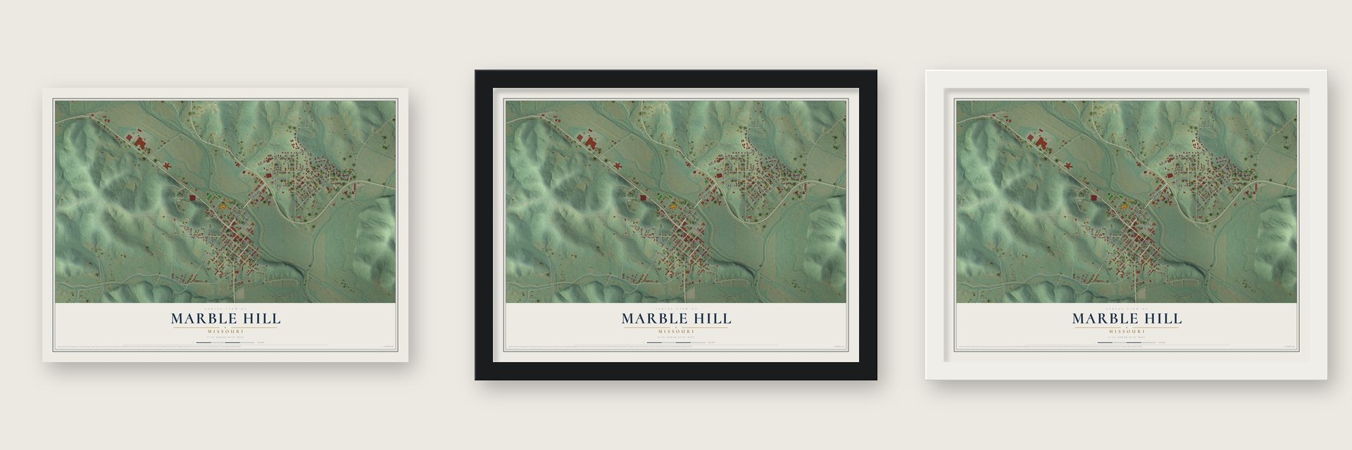 Marble Hill, Missouri map unframed, in a black wood frame and in a white wood frame