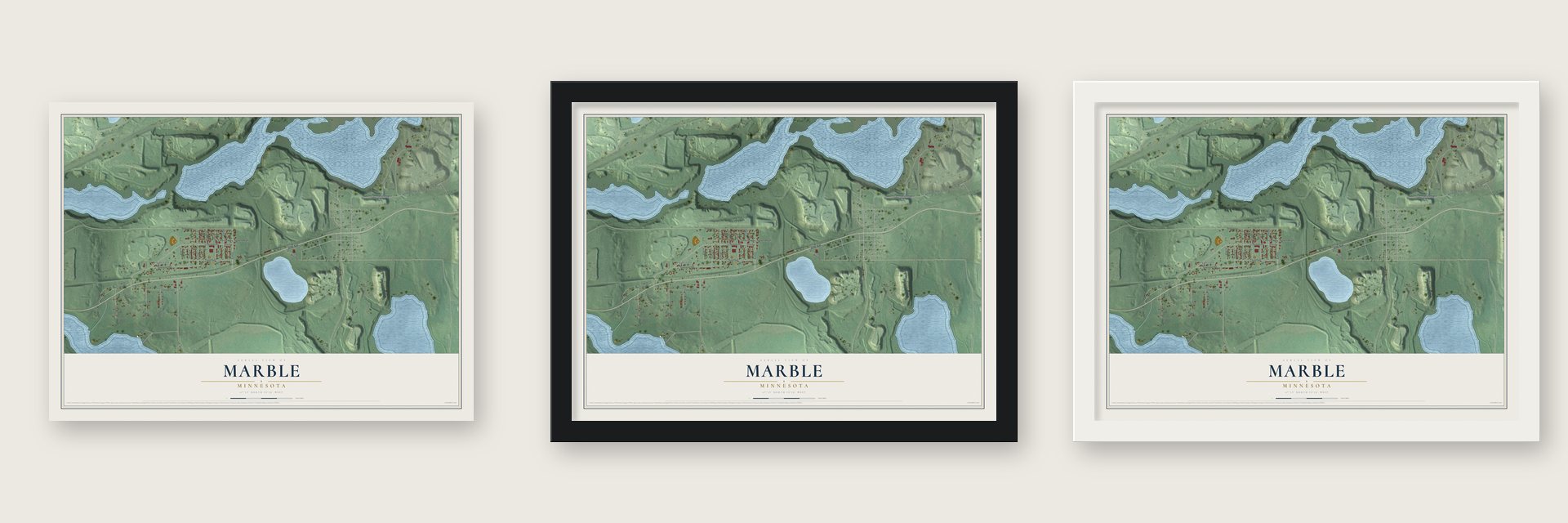 Marble, Minnesota map unframed, in a black wood frame and in a white wood frame