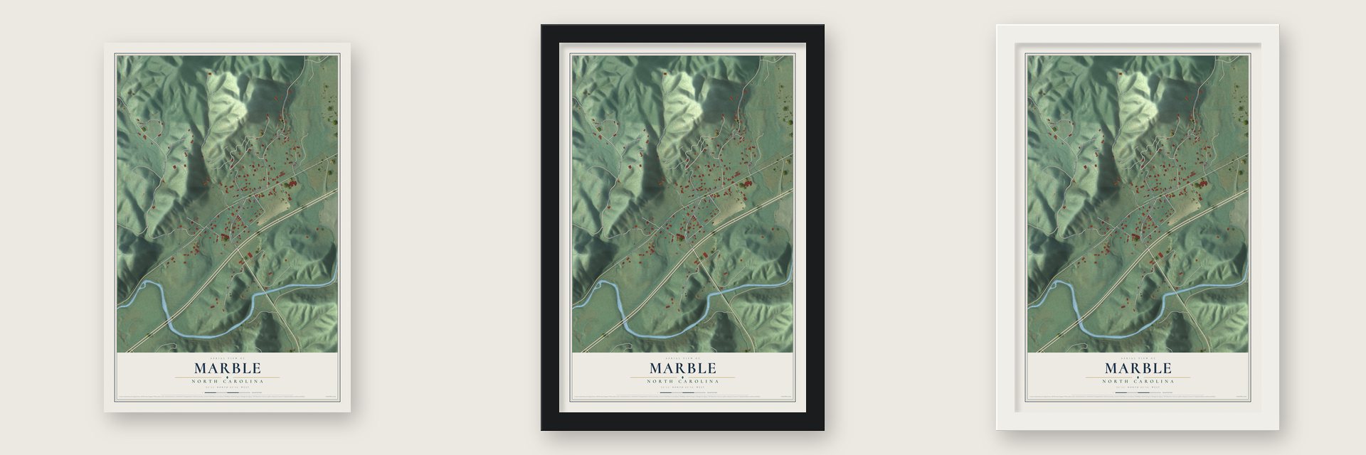 Marble, North Carolina map unframed, in a black wood frame and in a white wood frame