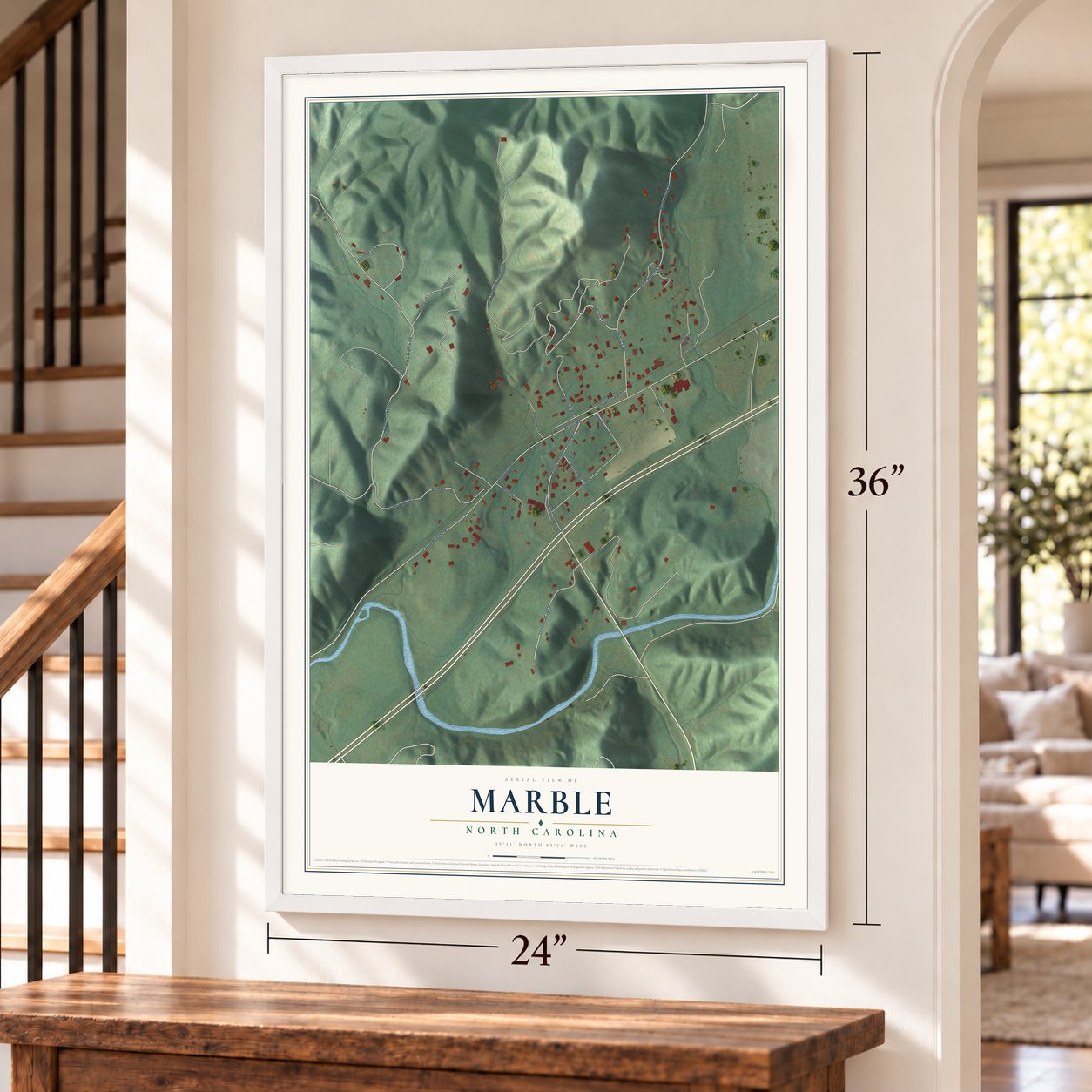 Marble, North Carolina map, 24 x 36 inch print in a white frame by a staircase