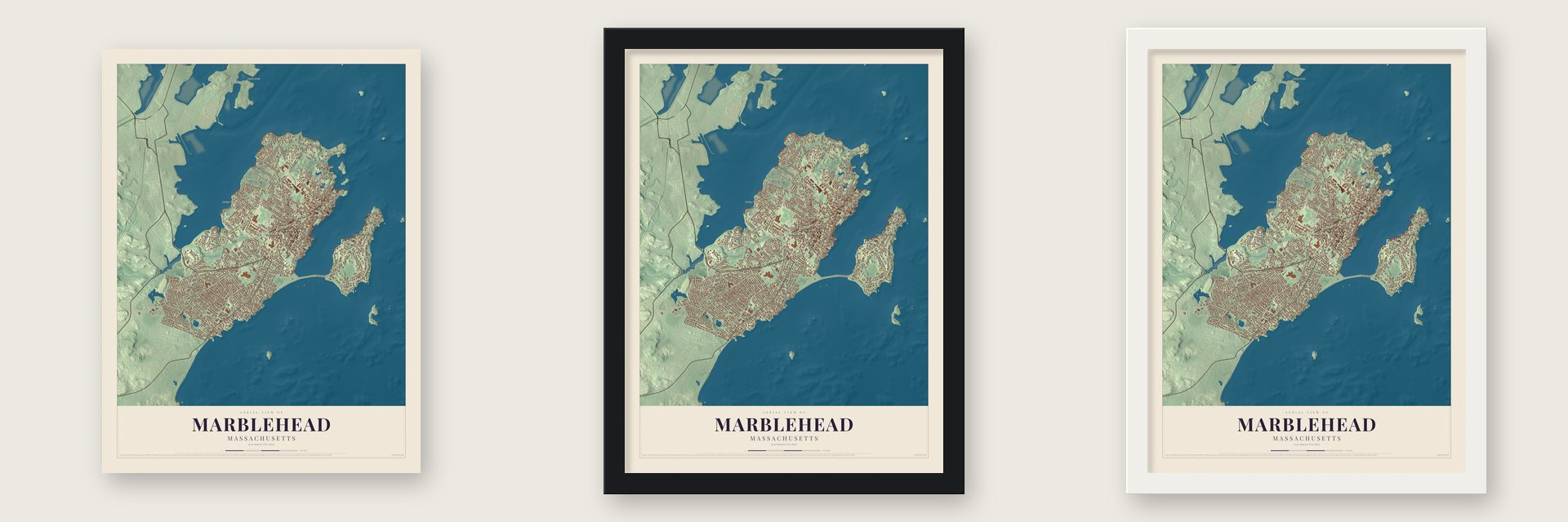 Marblehead, Massachusetts map unframed, in a black wood frame and in a white wood frame