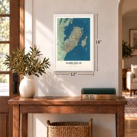 Marblehead, Massachusetts map, 12 x 18 inch print in a white frame in an entryway