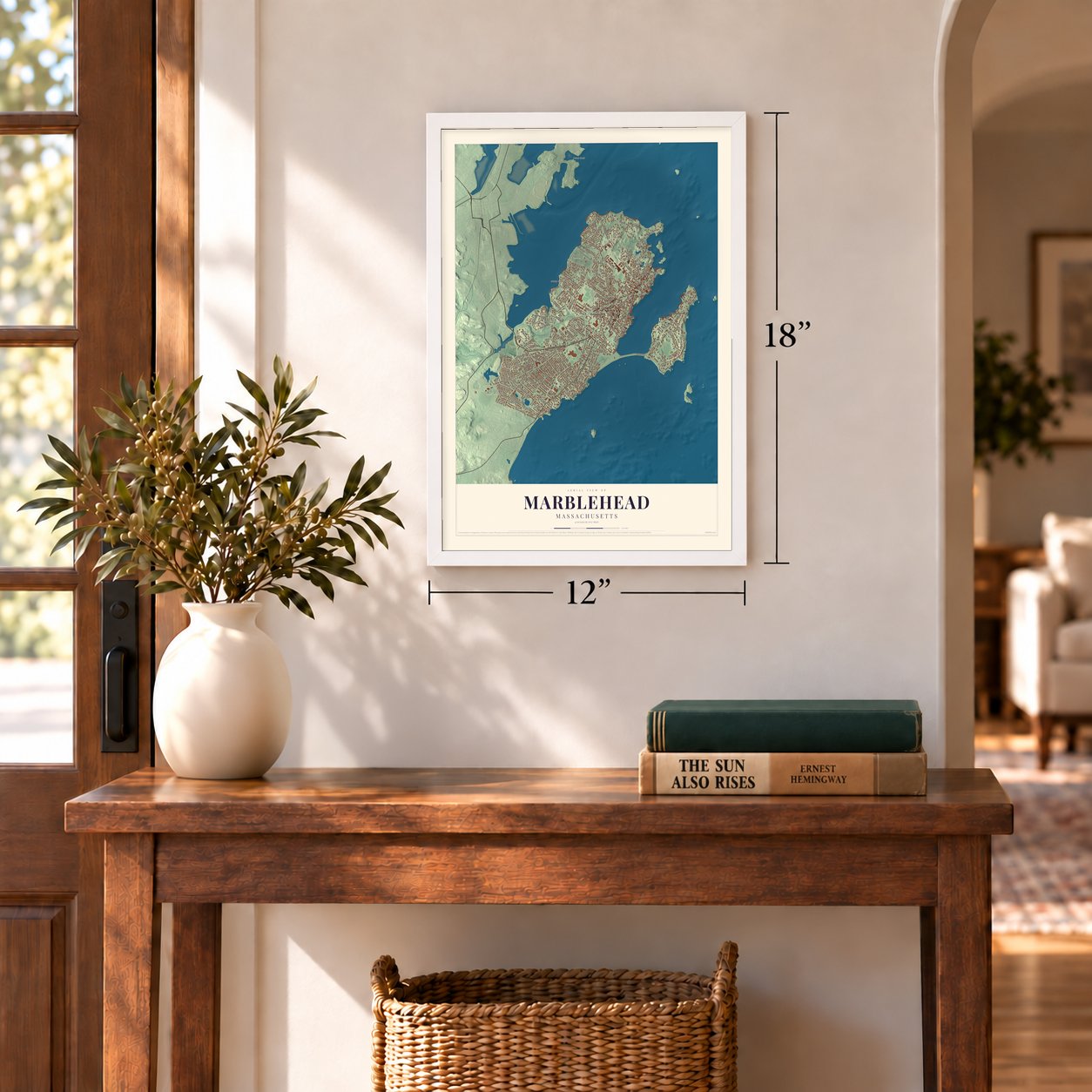 Marblehead, Massachusetts map, 12 x 18 inch print in a white frame in an entryway