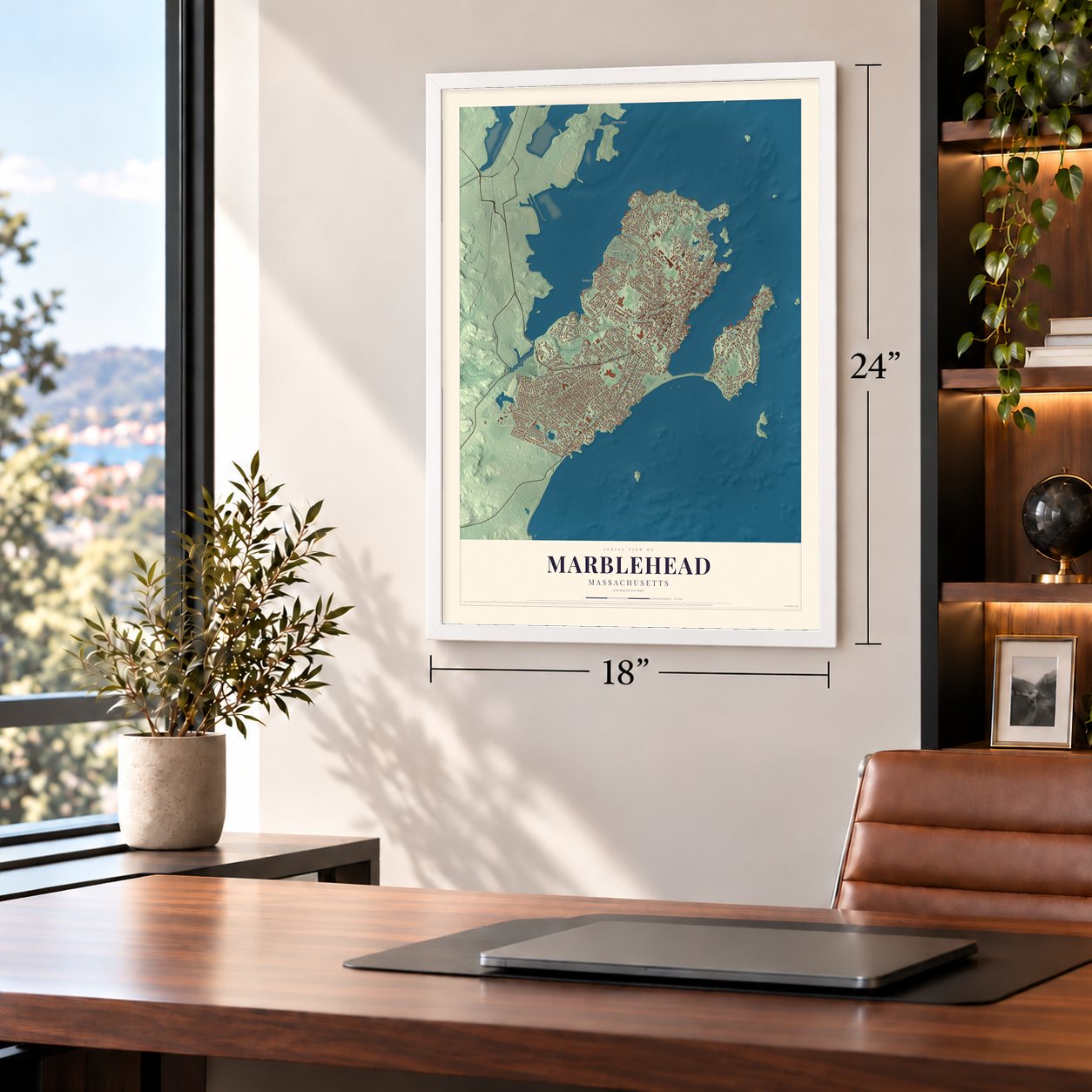 Marblehead, Massachusetts map, 18 x 24 inch print in a white frame in a home office