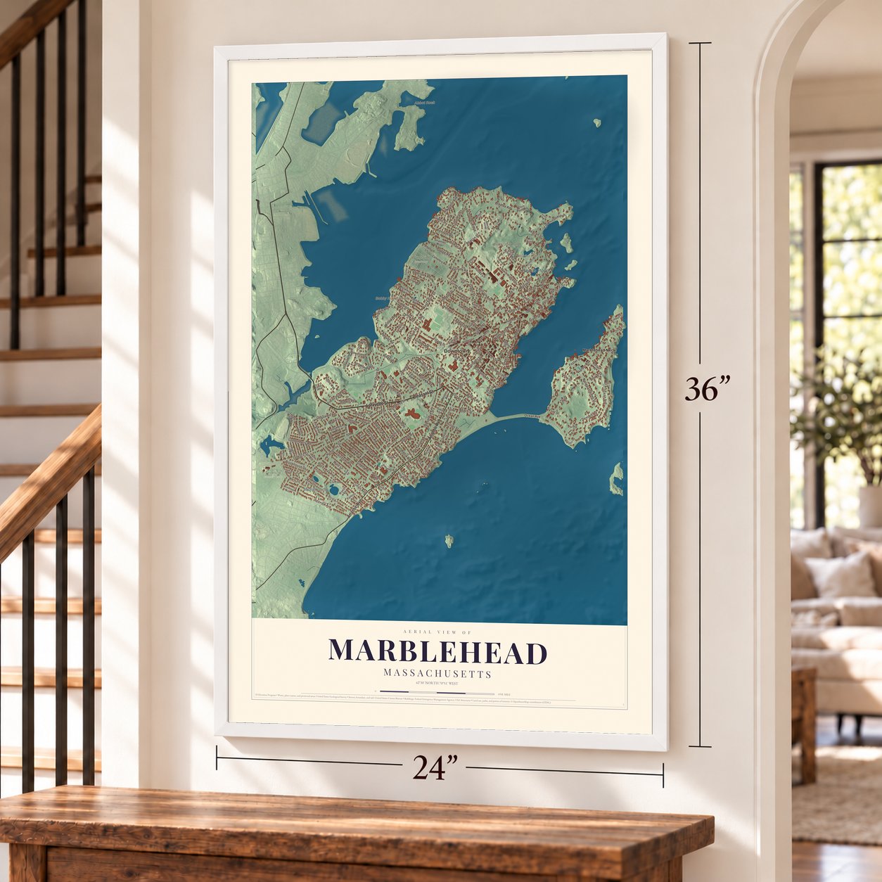 Marblehead, Massachusetts map, 24 x 36 inch print in a white frame by a staircase