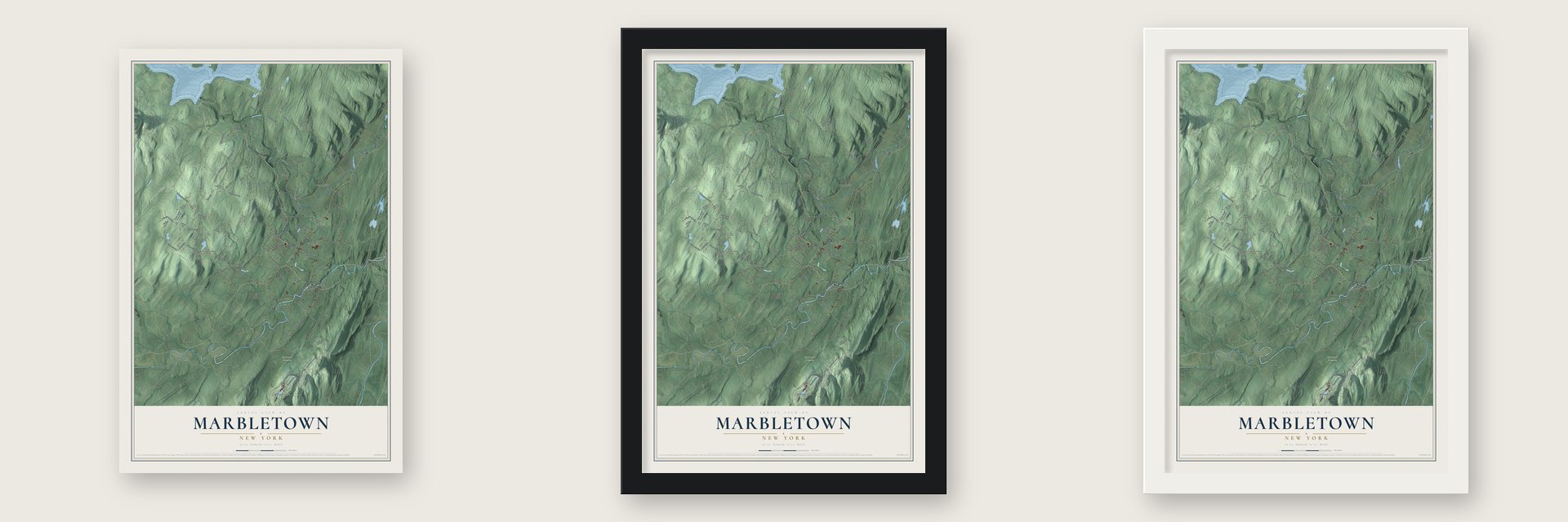 Marbletown, New York map unframed, in a black wood frame and in a white wood frame