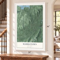 Marbletown, New York map, 24 x 36 inch print in a white frame by a staircase