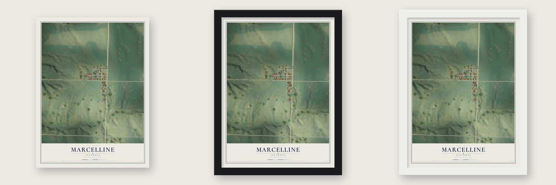 Marcelline, Illinois map unframed, in a black wood frame and in a white wood frame
