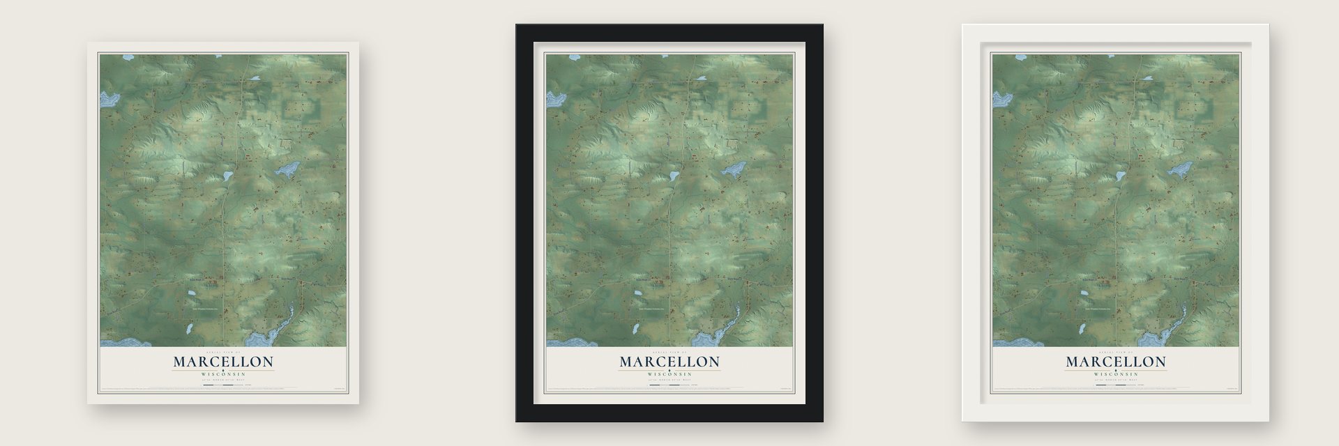 Marcellon, Wisconsin map unframed, in a black wood frame and in a white wood frame