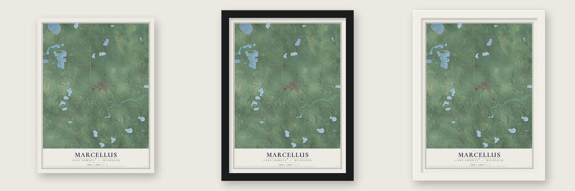 Marcellus, Cass County, Michigan map unframed, in a black wood frame and in a white wood frame