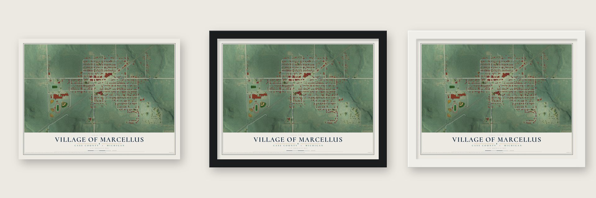 Marcellus, Michigan map unframed, in a black wood frame and in a white wood frame