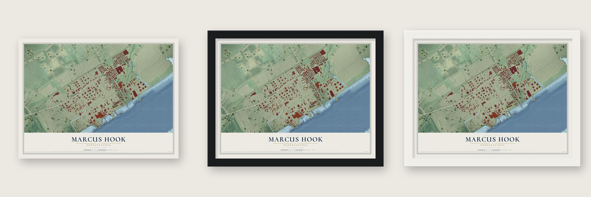 Marcus Hook, Pennsylvania map unframed, in a black wood frame and in a white wood frame