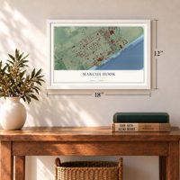 Marcus Hook, Pennsylvania map, 12 x 18 inch print in a white frame in an entryway