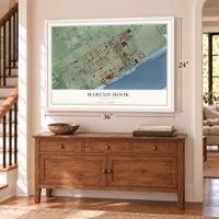 Marcus Hook, Pennsylvania map, 24 x 36 inch print in a white frame above a dresser by a staircase