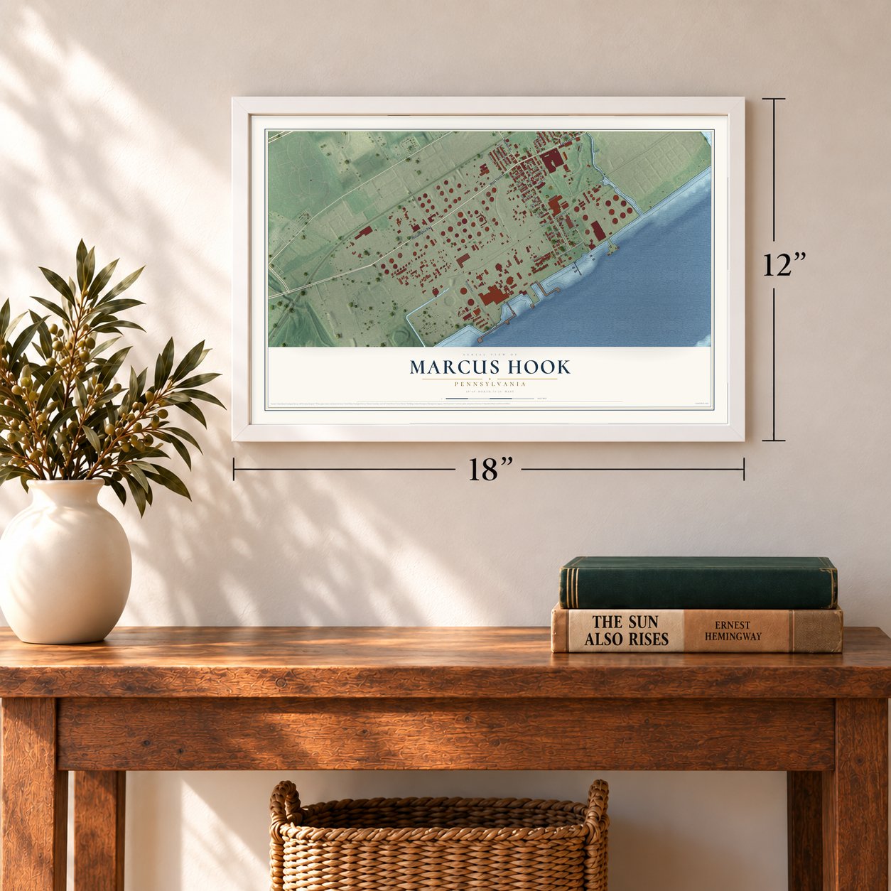 Marcus Hook, Pennsylvania map, 12 x 18 inch print in a white frame in an entryway