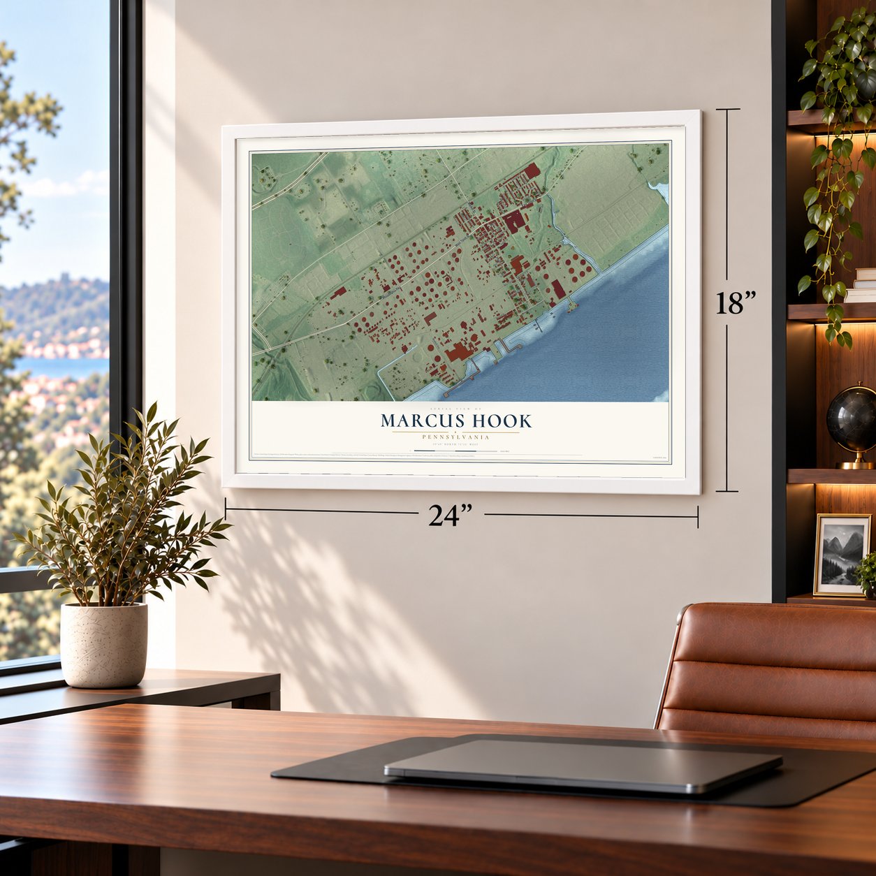 Marcus Hook, Pennsylvania map, 18 x 24 inch print in a white frame in a home office