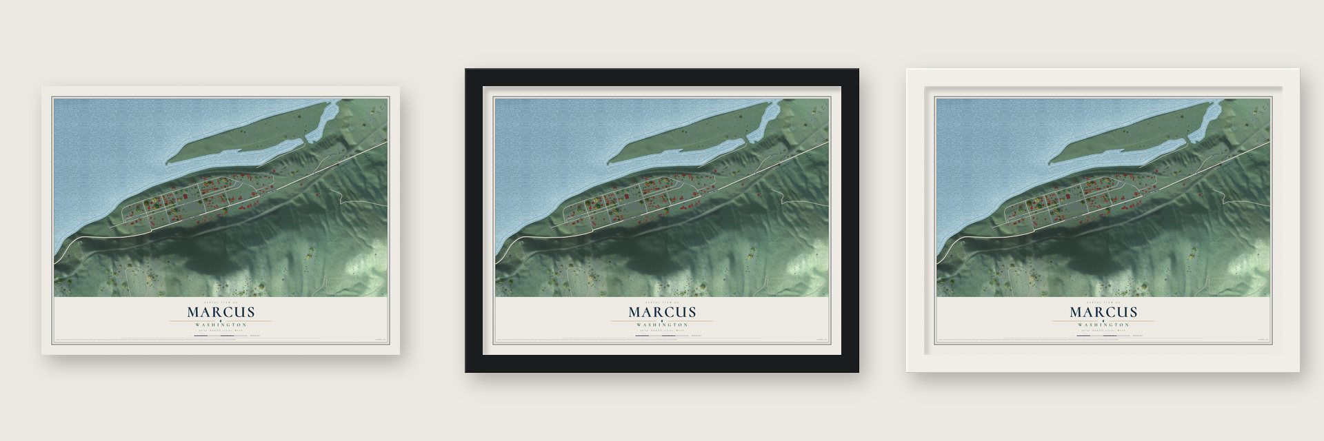 Marcus, Washington map unframed, in a black wood frame and in a white wood frame