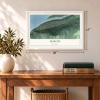 Marcus, Washington map, 12 x 18 inch print in a white frame in an entryway