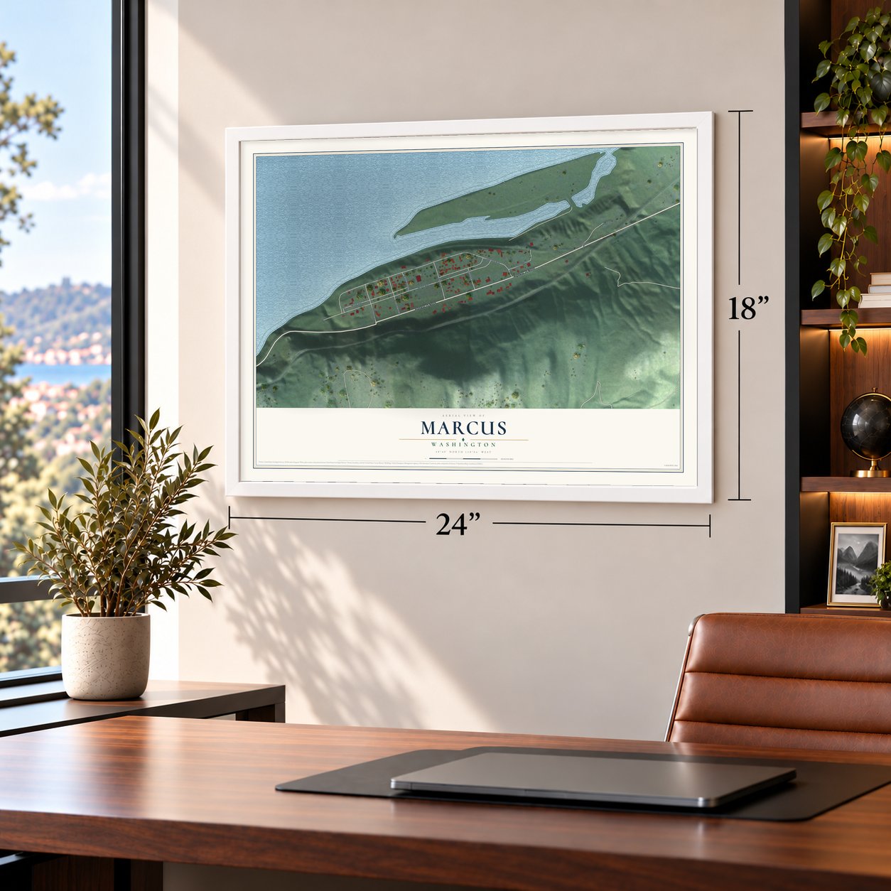 Marcus, Washington map, 18 x 24 inch print in a white frame in a home office