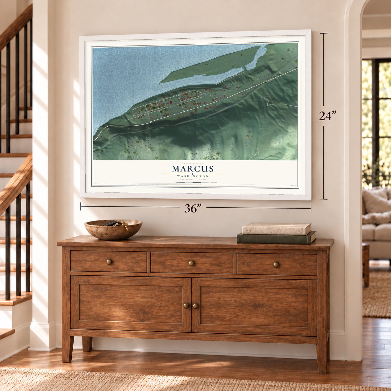 Marcus, Washington map, 24 x 36 inch print in a white frame above a dresser by a staircase