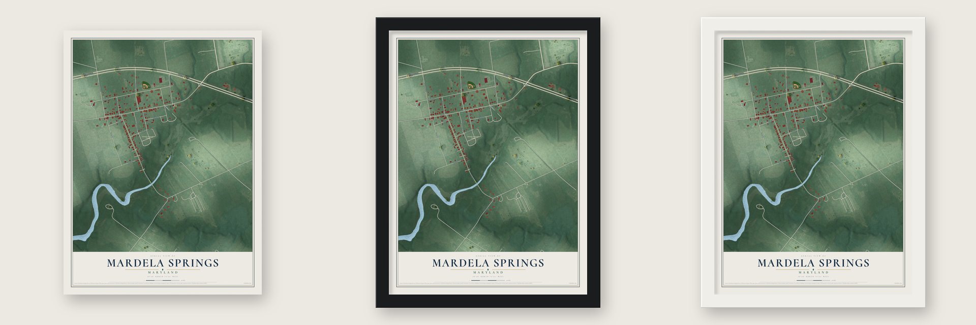 Mardela Springs, Maryland map unframed, in a black wood frame and in a white wood frame