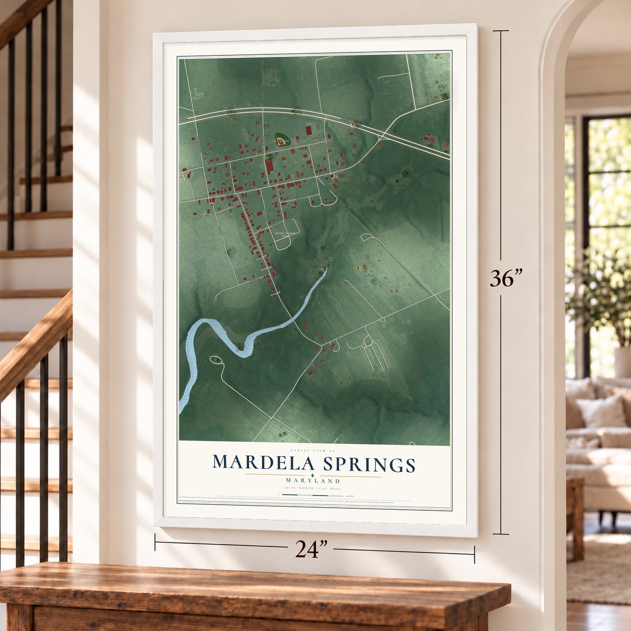 Mardela Springs, Maryland map, 24 x 36 inch print in a white frame by a staircase