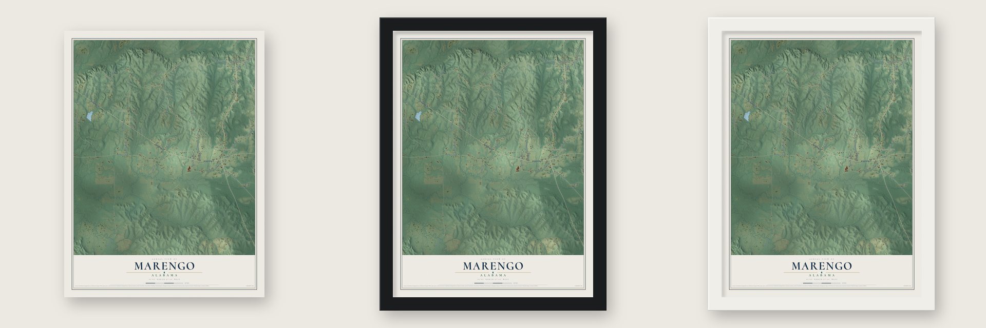 Marengo, Alabama map unframed, in a black wood frame and in a white wood frame