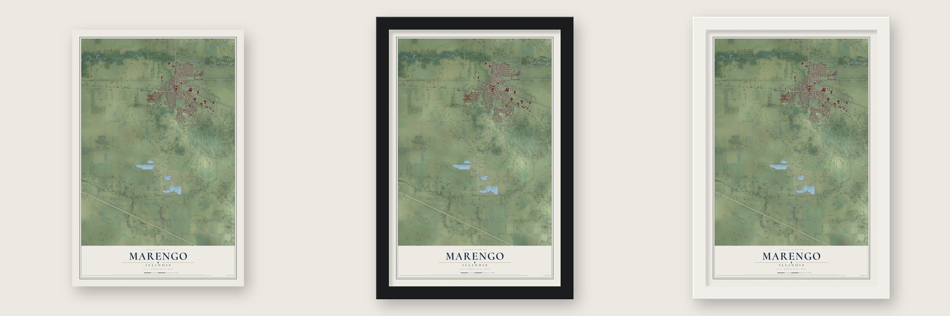 Marengo, Illinois map unframed, in a black wood frame and in a white wood frame