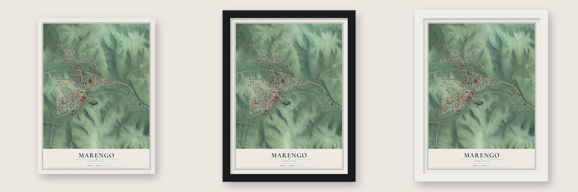 Marengo, Indiana map unframed, in a black wood frame and in a white wood frame