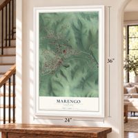 Marengo, Indiana map, 24 x 36 inch print in a white frame by a staircase