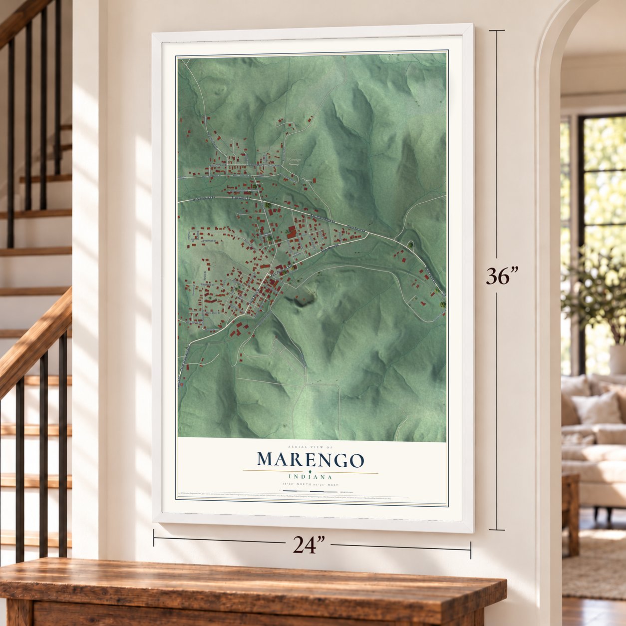 Marengo, Indiana map, 24 x 36 inch print in a white frame by a staircase