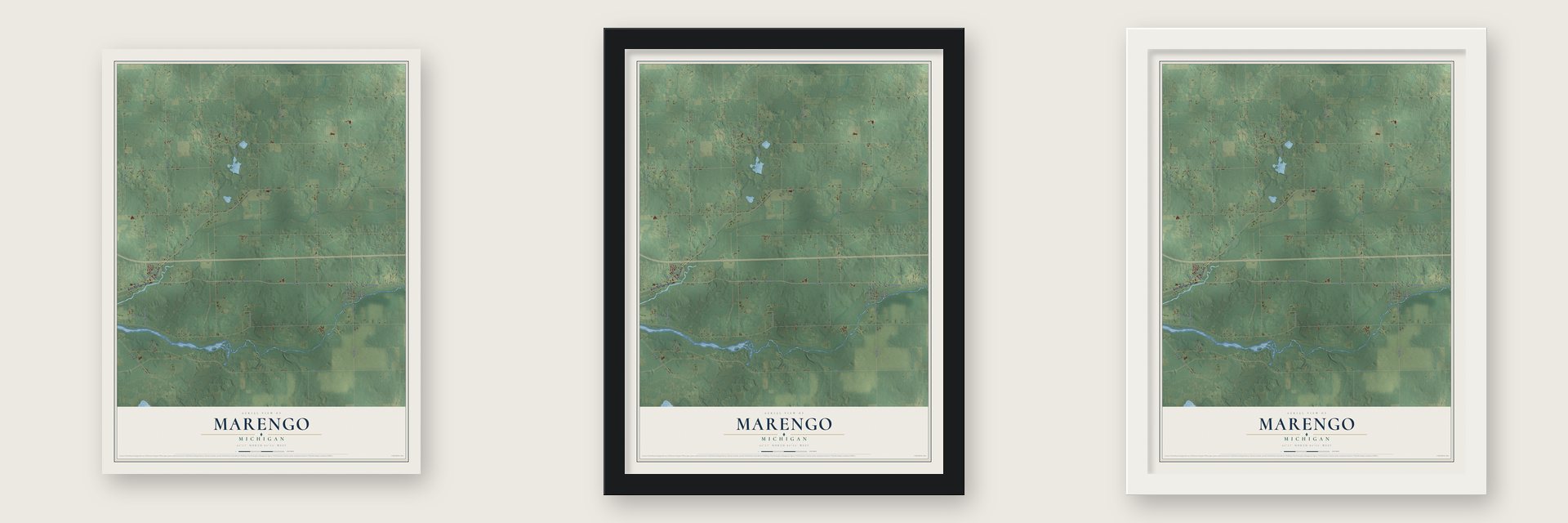 Marengo, Michigan map unframed, in a black wood frame and in a white wood frame