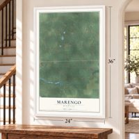 Marengo, Michigan map, 24 x 36 inch print in a white frame by a staircase