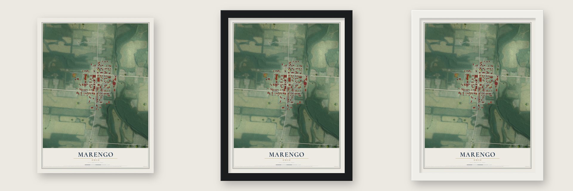Marengo, Ohio map unframed, in a black wood frame and in a white wood frame