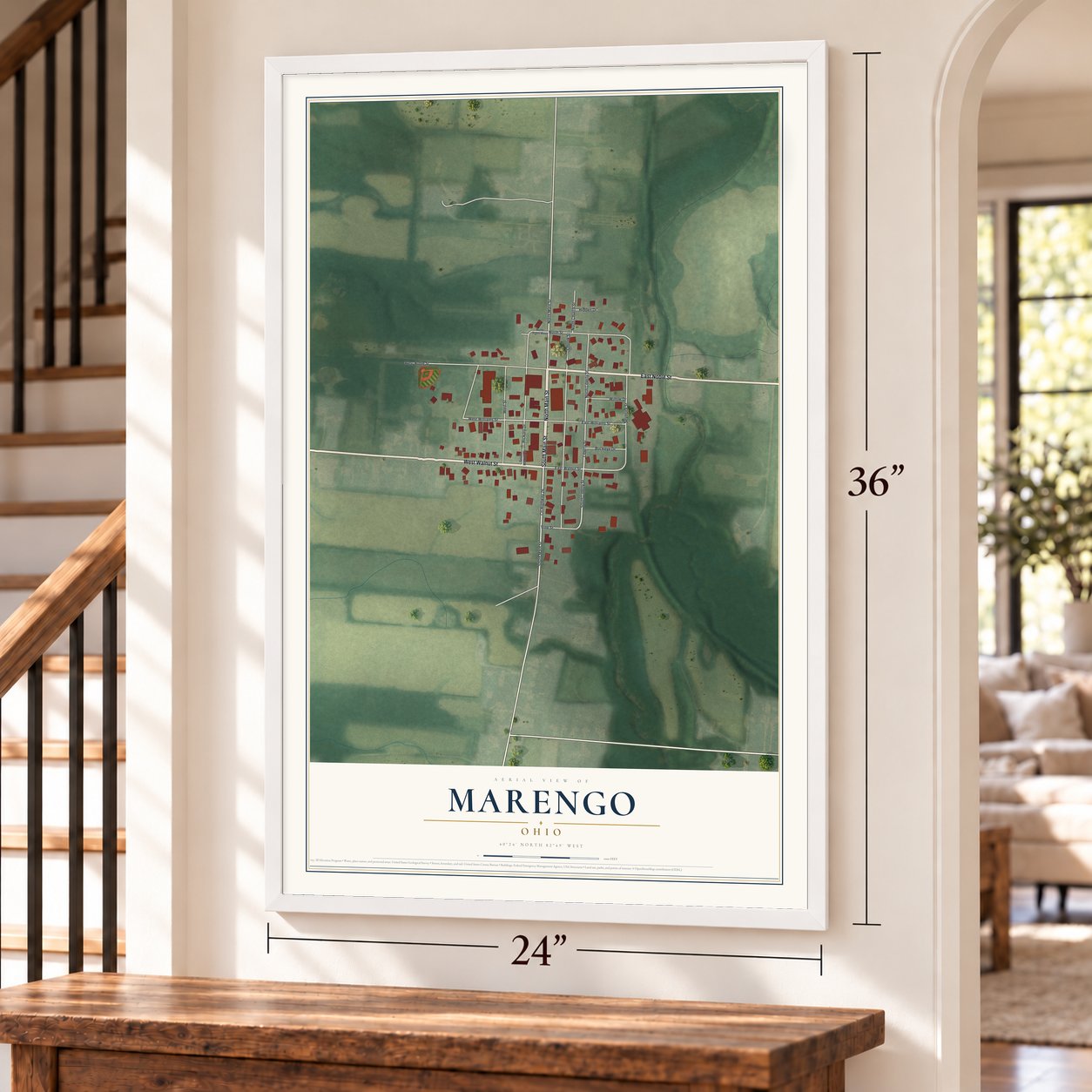 Marengo, Ohio map, 24 x 36 inch print in a white frame by a staircase