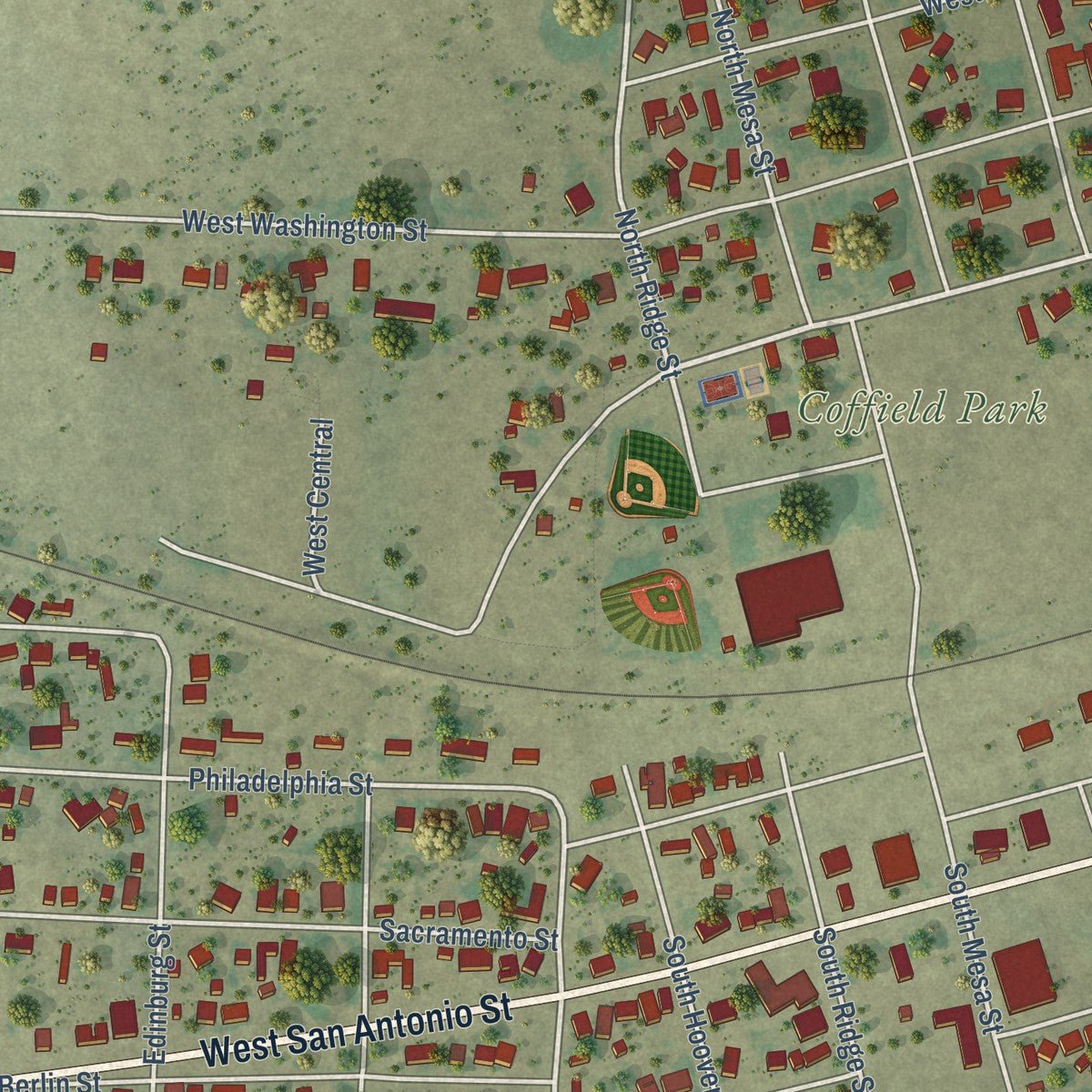 Second close-up of the map of Marfa, Texas print showing more streets and buildings