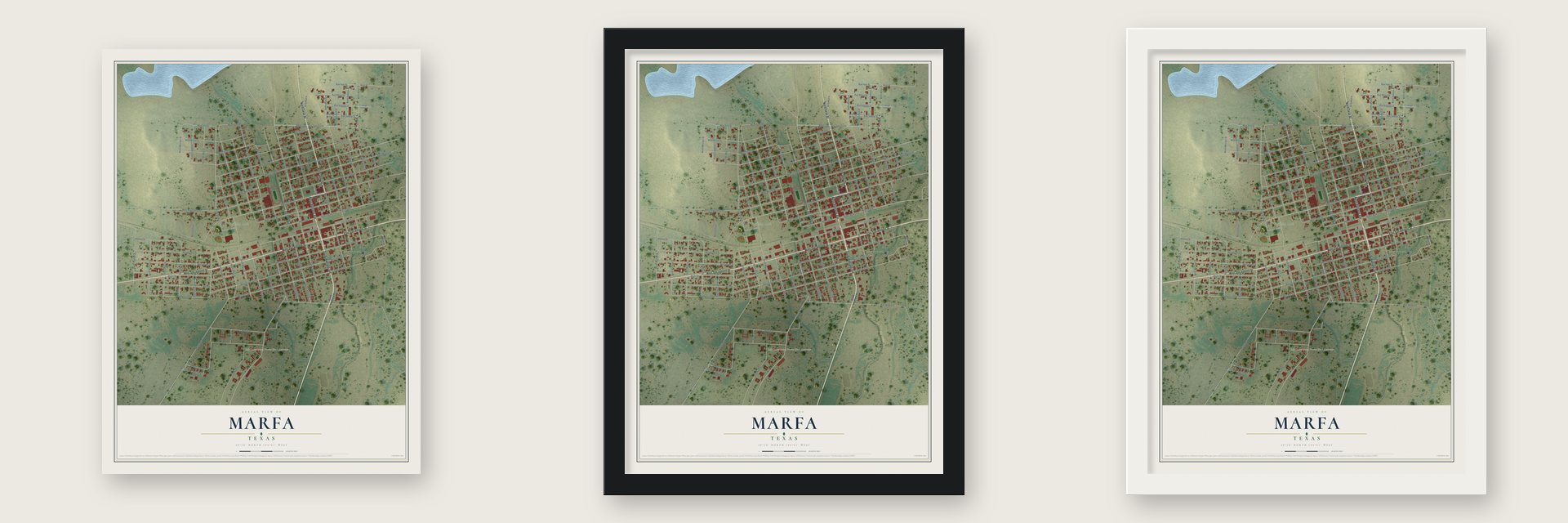 Marfa, Texas map unframed, in a black wood frame and in a white wood frame